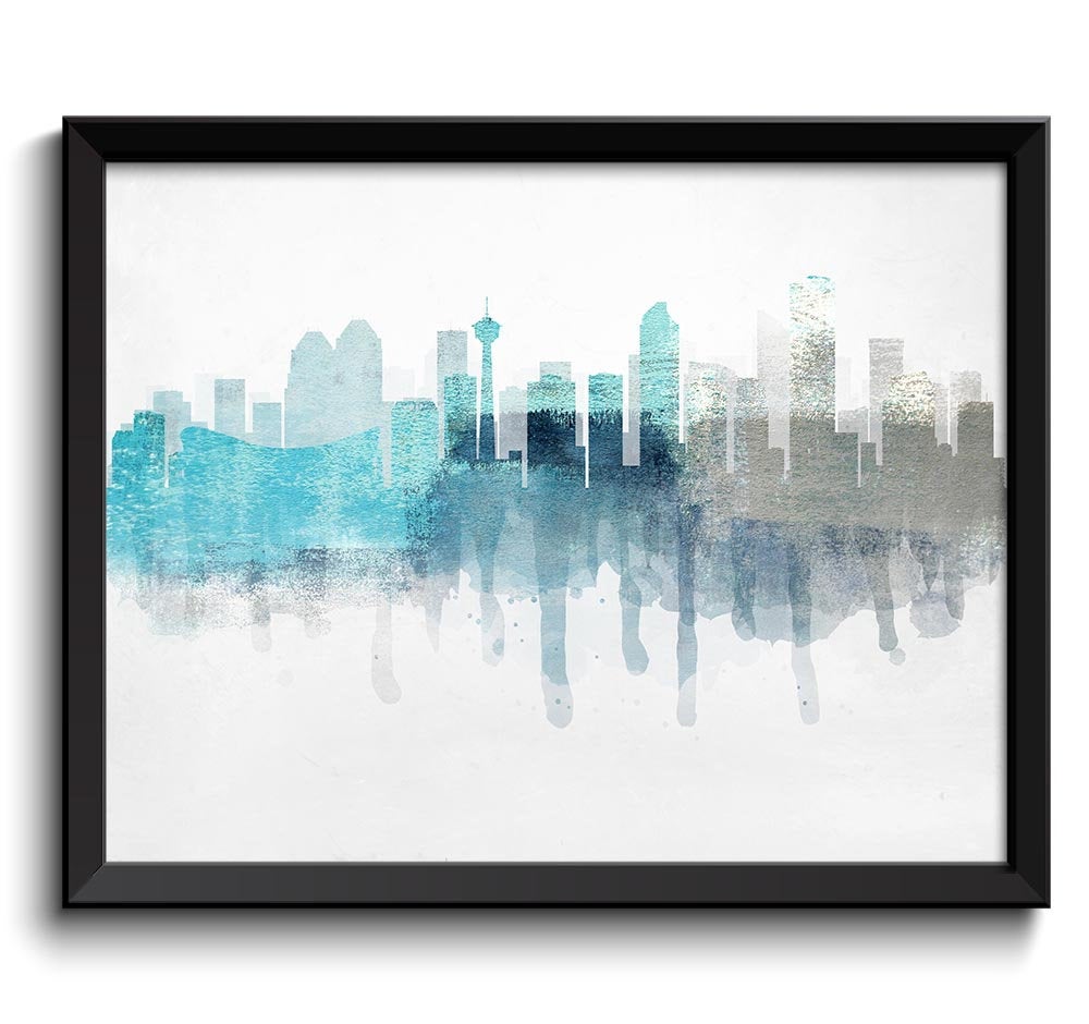 Calgary Turquoise Blue Grey Skyline Alberta Canada Cityscape Art Print Poster Watercolor Painting