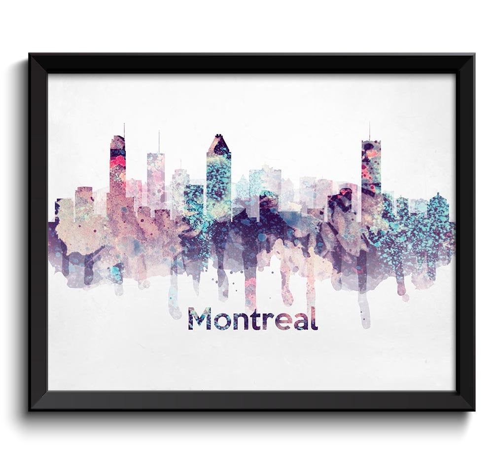 Montreal Turquoise Blue Pink Purple Cream Skyline Quebec Canada Cityscape Art Print Poster Watercolo