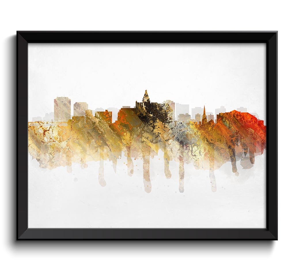 Saskatoon Skyline Saskatchewan Canada Cityscape Art Print Poster Gold Beige Red Rust Grey Watercolor