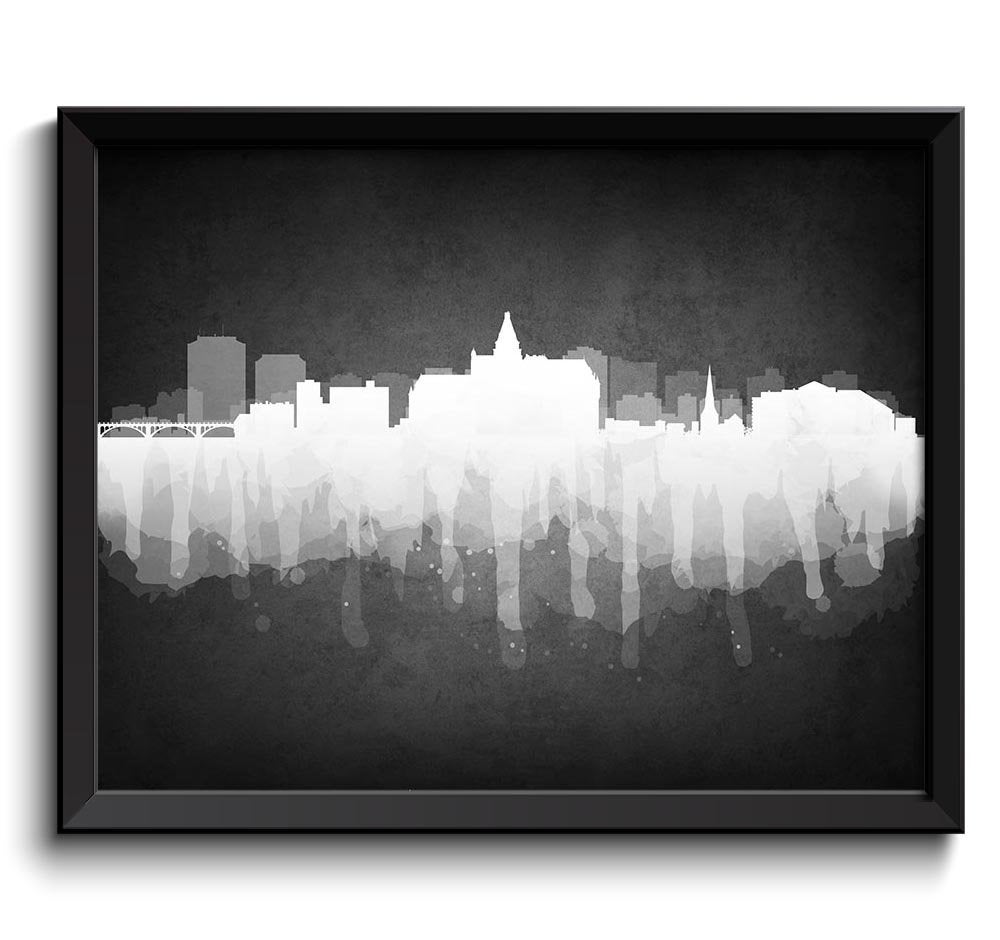 Saskatoon Skyline Saskatchewan Canada Black White Grey Cityscape Art Print Poster Watercolor Paintin