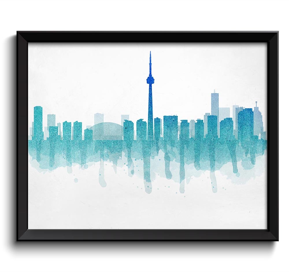 Toronto Skyline Ontario Canada Cityscape Art Print Poster Teal Green Navy Blue Watercolor Painting