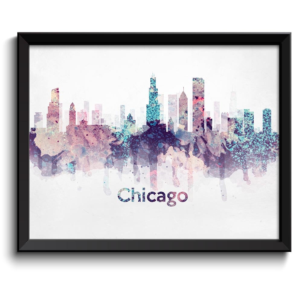 Chicago Skyline Illinois USA Turquoise Blue Pink Purple United States Cityscape Art Print Poster Wat