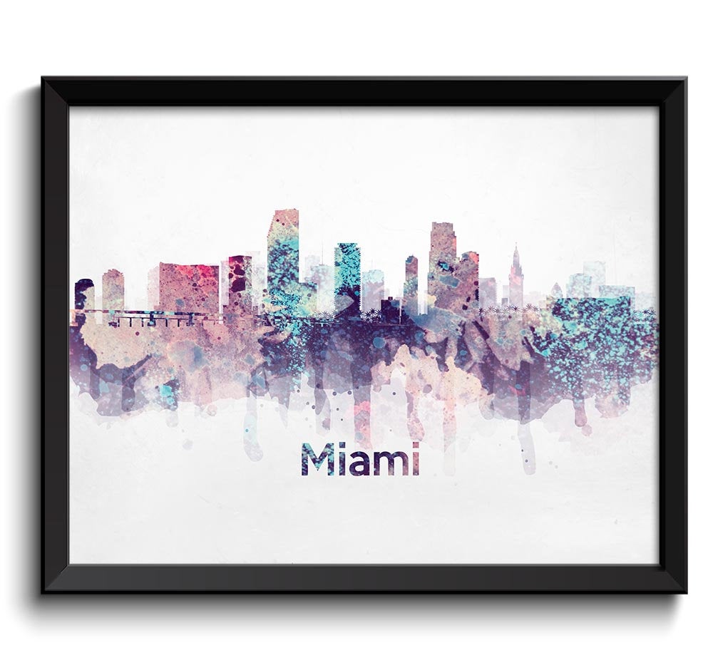 Miami Skyline Florida USA United States Cityscape Art Print Poster Turquoise Blue Pink Purple Waterc