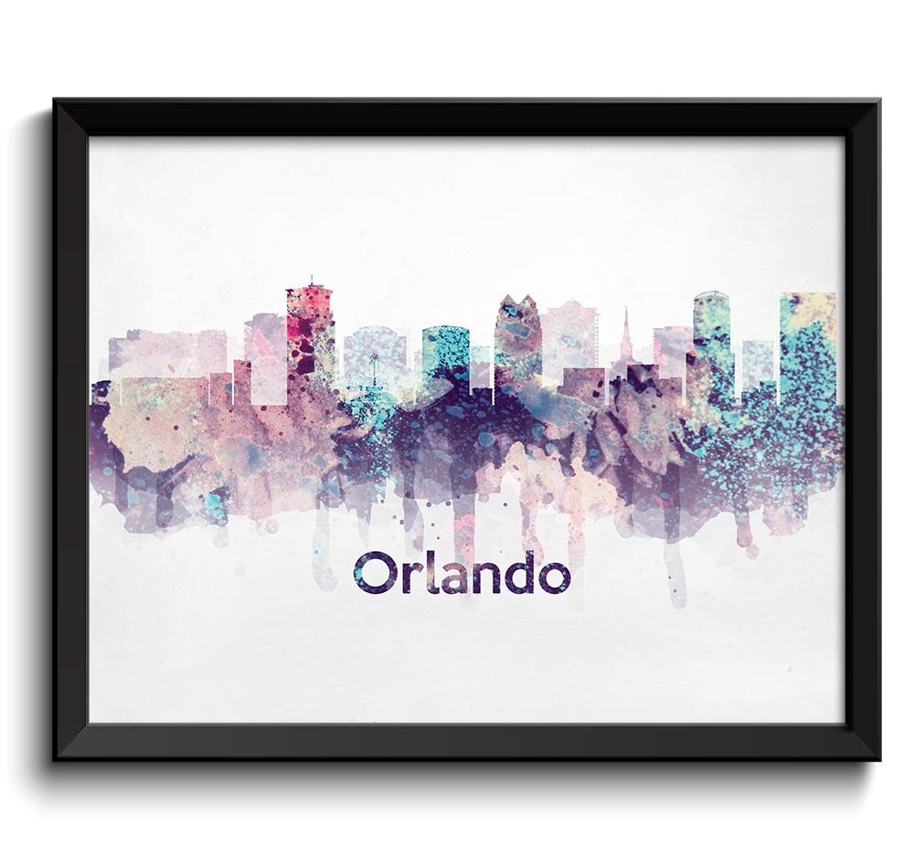 Florida Turquoise Blue Pink Purple Orlando Skyline USA United States Cityscape Art Print Poster Wate