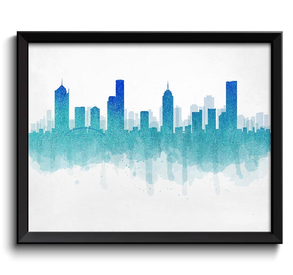 Melbourne Skyline Australia Cityscape Art Print Poster Turquoise Navy Blue Watercolor Painting