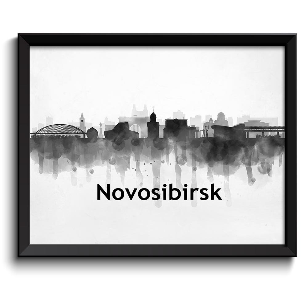 Novosibirsk Skyline City Name Russia Cityscape Art Print Poster Black White Grey Watercolor Painting