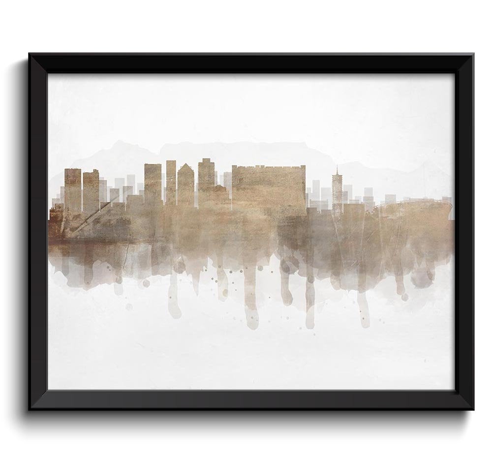 Cape Town Skyline South Africa Cityscape Art Print Poster Beige Brown Grey Watercolor Painting