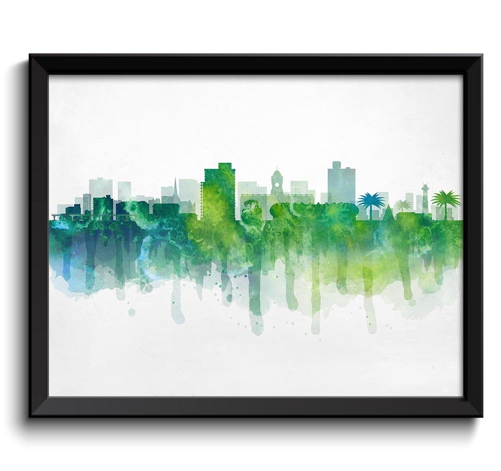 Port Elizabeth Skyline South Africa Cityscape Art Print Poster Lime Gree Turquoise Blue Watercolor P