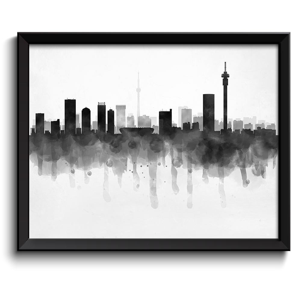 Johnannesburg Skyline South Africa Cityscape Art Print Poster Black White Grey Watercolor Painting