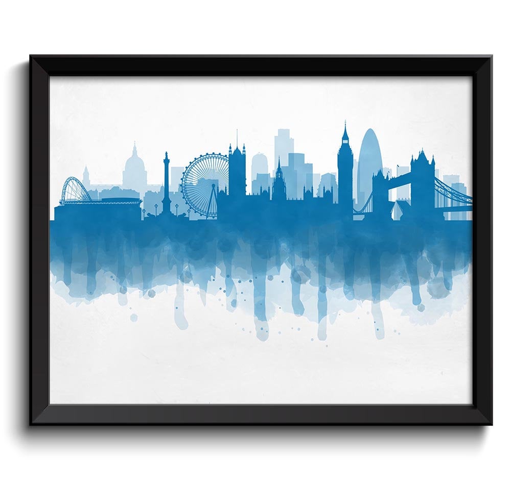 London Skyline England Europe Cityscape Art Print Poster Turquoise Blue Watercolor Painting