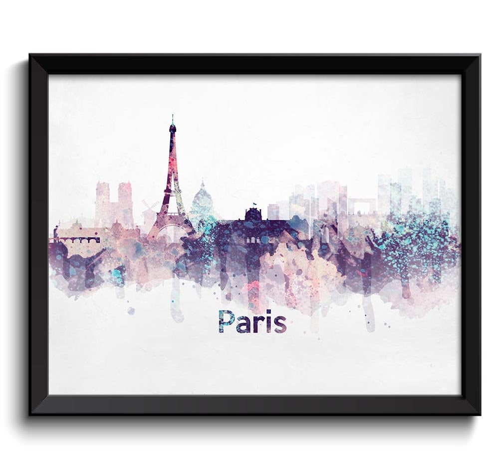 Paris Skyline France Europe Cityscape Art Print Poster Black White Grey Watercolor Painting