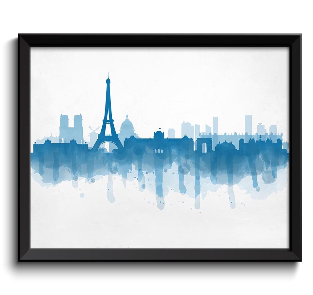 Paris Skyline France Europe Cityscape Art Print Poster Turquoise Blue Watercolor Painting