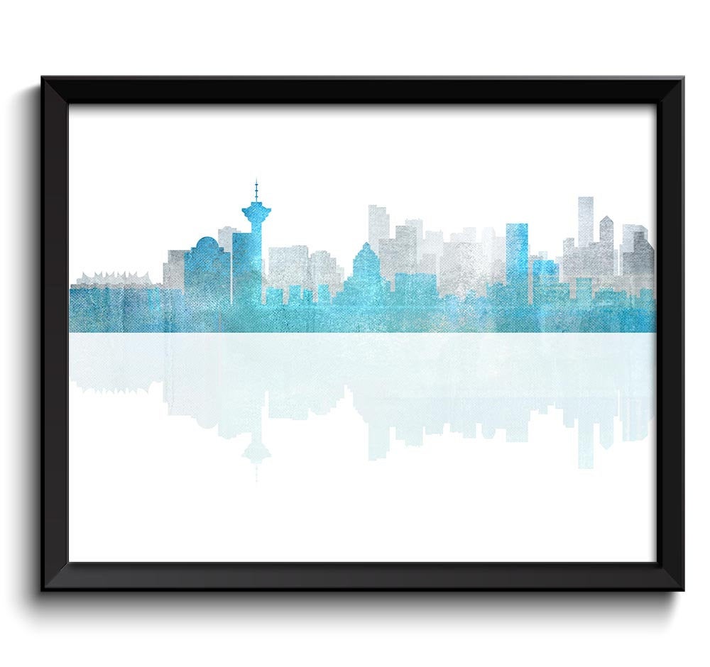 Vancouver Skyline City Turquoise Sky Blue Grey Watercolor Cityscape Print British Columbia Canada La