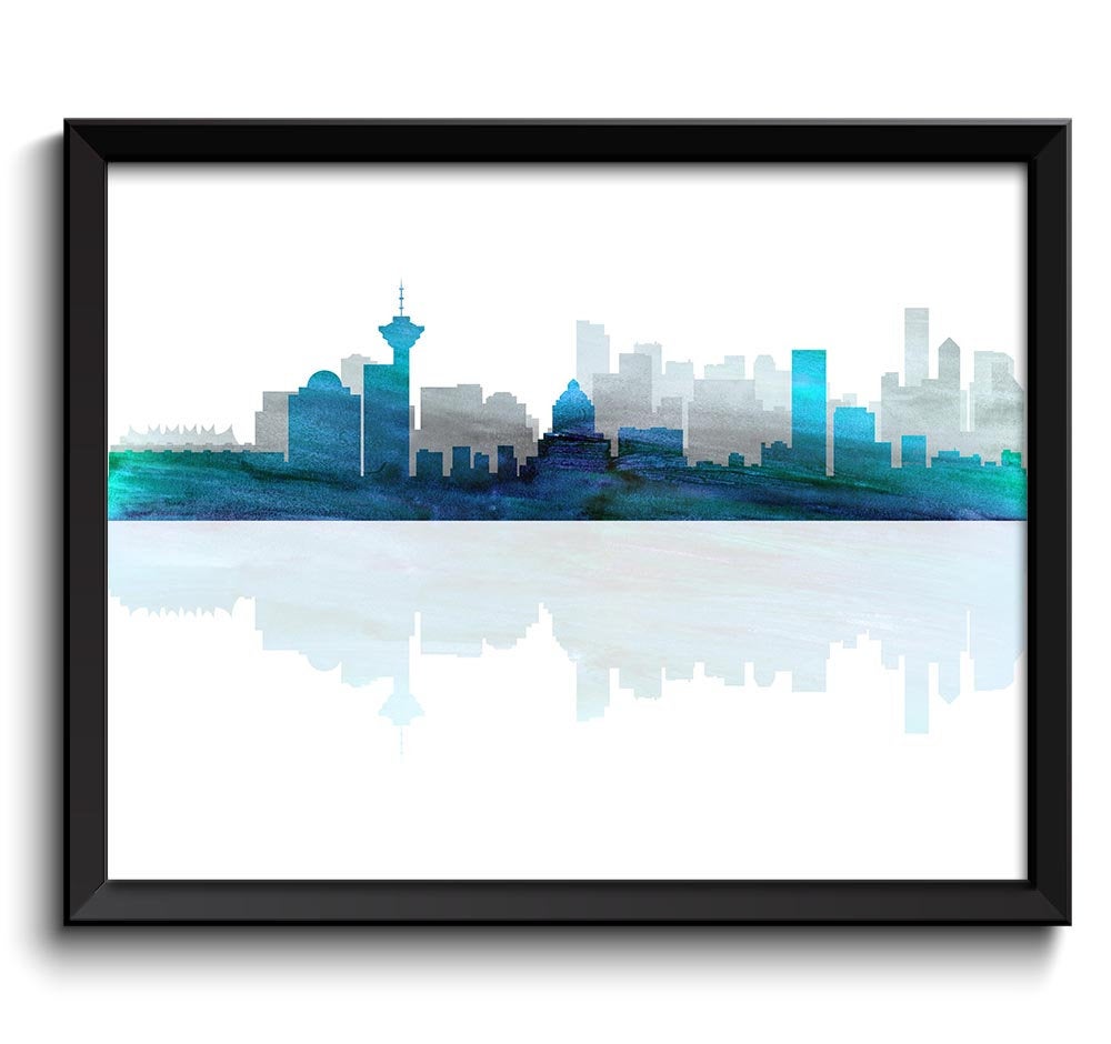 Vancouver Skyline City Blue Turquoise Navy Grey Watercolor Cityscape Print British Columbia Canada L