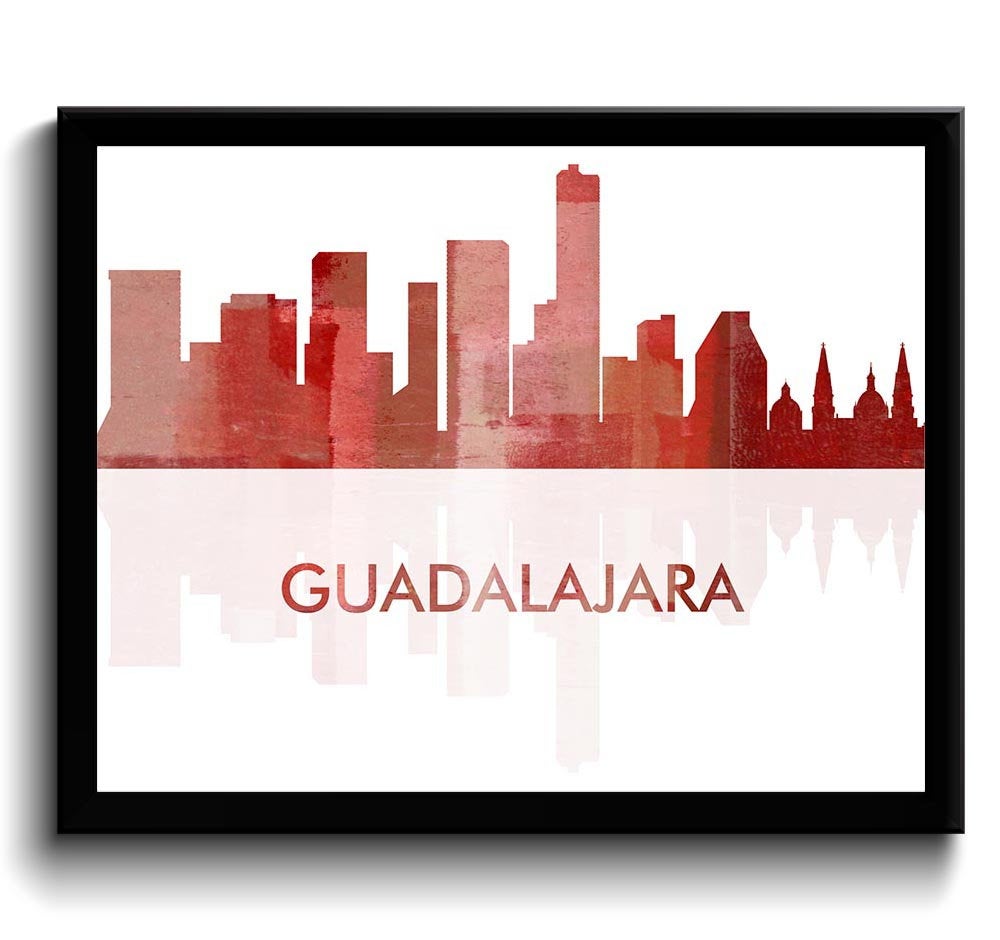 Guadalajara Skyline City Red Watercolor Painting Cityscape Poster Print Mexico South America Modern 