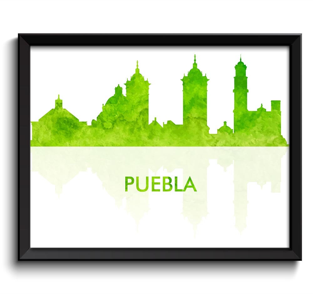 Puebla Skyline City Yellow Lime Green Watercolor Painting Cityscape Poster Print Mexico South Americ