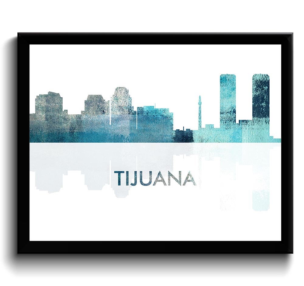 Tijuana Skyline City Navy Sky Blue Watercolor Painting Cityscape Poster Print Mexico South America M