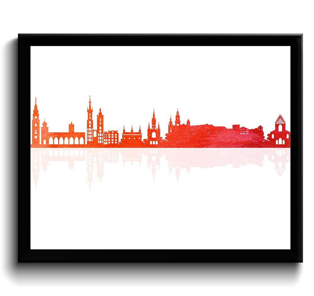 Krakow Skyline Painting Wall Art Poster Print Krakow Wall Decor Red Orange Coral Poland City Citysca