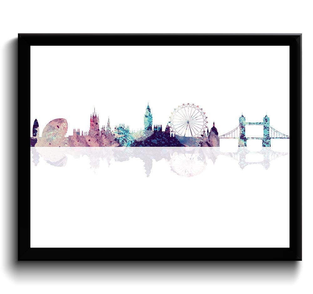 London Skyline England City Pink Blue Purple White Cityscape Poster Print Modern Abstract Landscape 