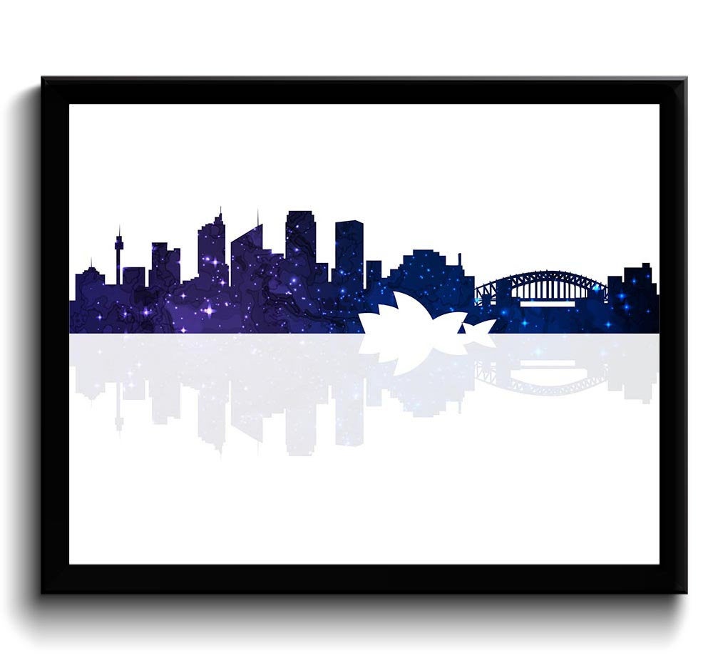 Sydney Skyline Australia City Navy Blue Sky Green Watercolor Cityscape Poster Print Abstract Landsca