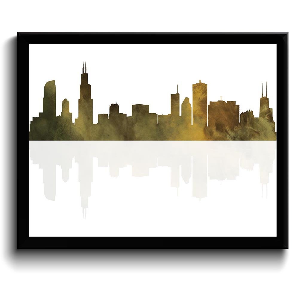 Chicago Skyline Illinois City Beige Brown Yellow Watercolor Cityscape Poster Print Modern Abstract L