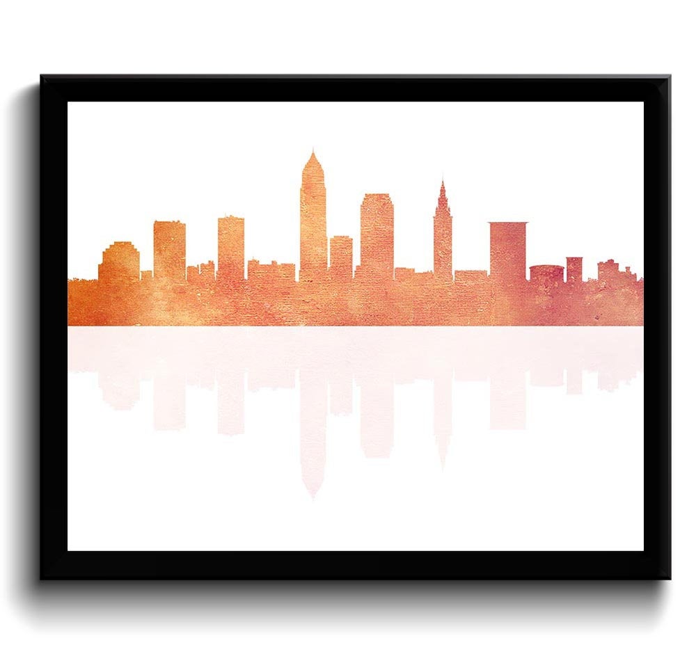 Cleveland Skyline Ohio City Peach Orange Coral Watercolor Cityscape Poster Print Modern Abstract Lan