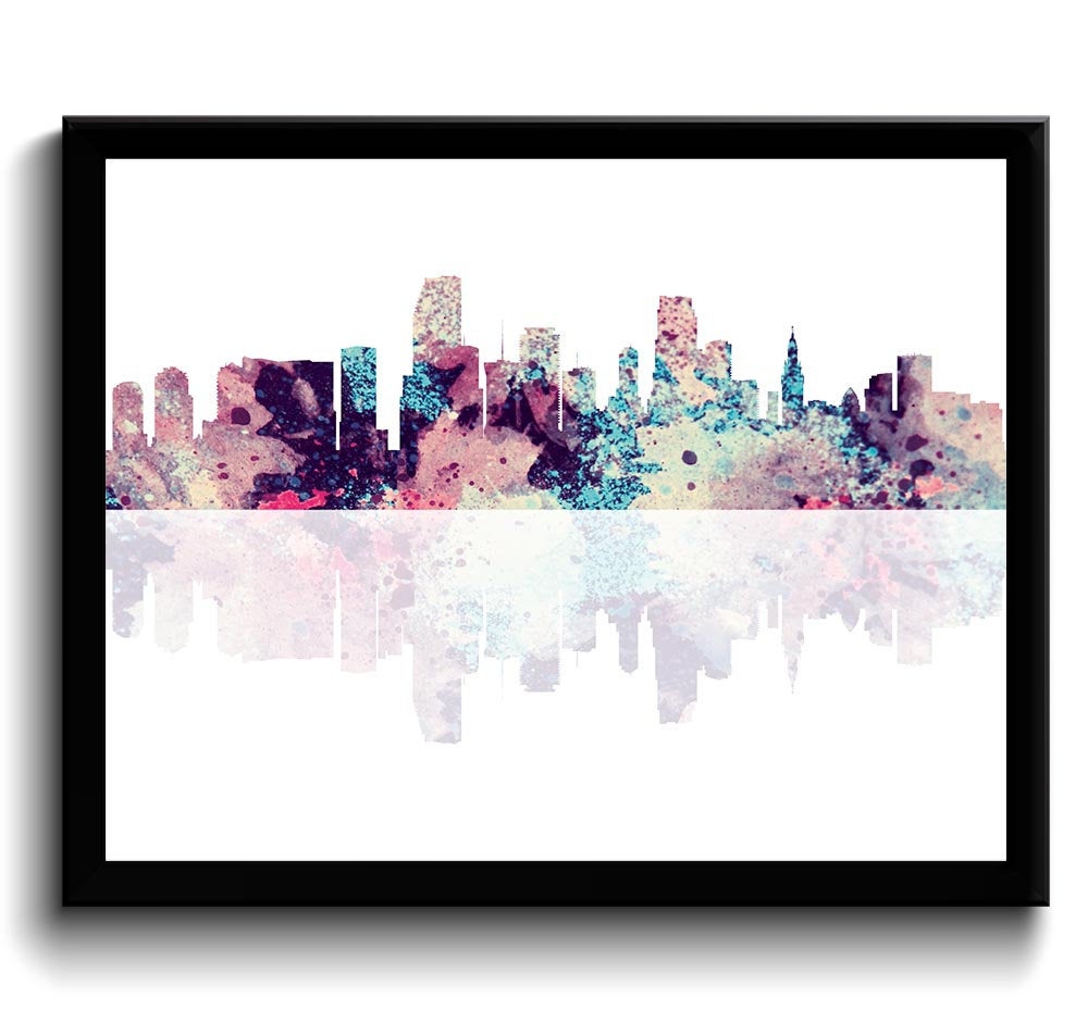 Miami Skyline Florida City Sky Blue Pink Purple Watercolor Cityscape Poster Print Modern Abstract La