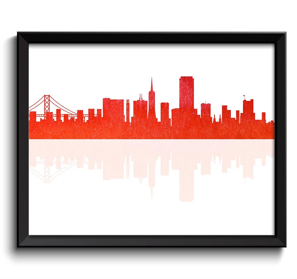 San Francisco Skyline California City Sunset Red Orange Watercolor Cityscape Poster Print Modern Lan