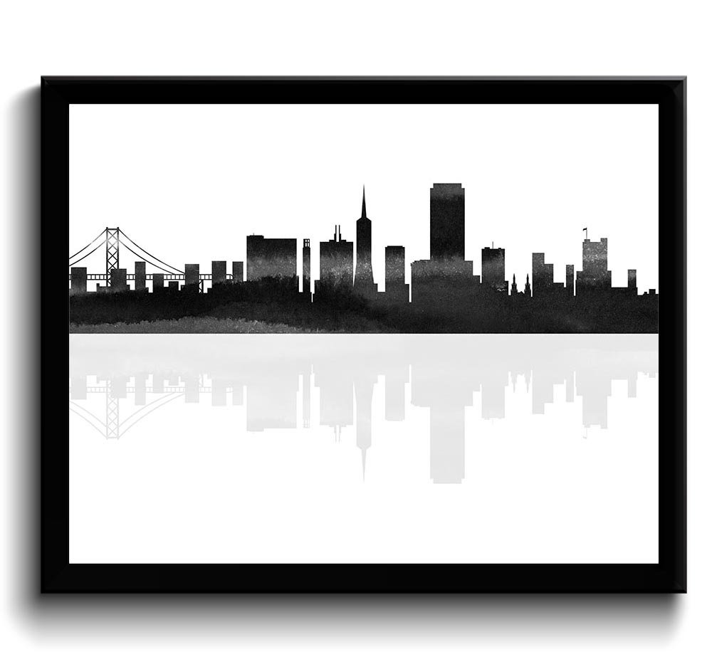 San Francisco Skyline California City Black White Grey Watercolor Cityscape Poster Print Modern Land