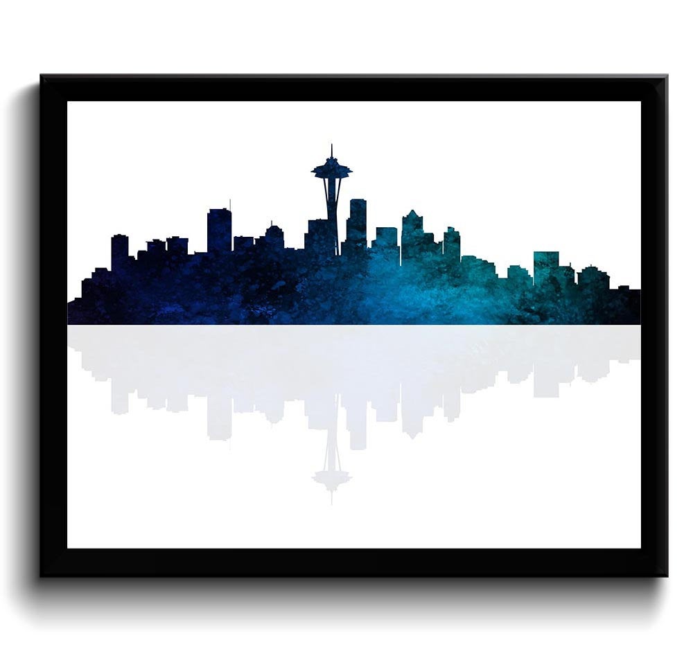 Navy Blue Green Seattle Skyline Seattle Washington Seattle Wall Art Print Seattle Poster Watercolor 