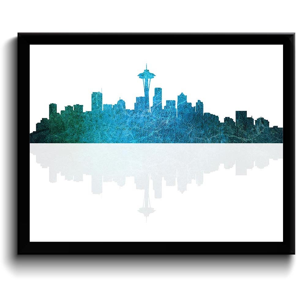 Turquoise Blue Green Aqua Seattle Skyline Seattle Washington Seattle Wall Art Print Seattle Poster W