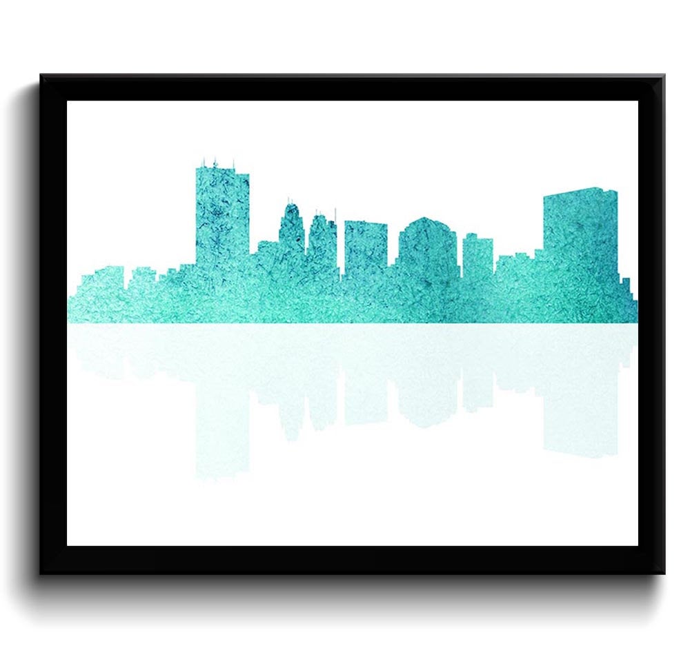 Toledo Skyline Icy Baby Blue Teal Ohio USA United States Watercolor Art Poster Print Wall Art Decor 