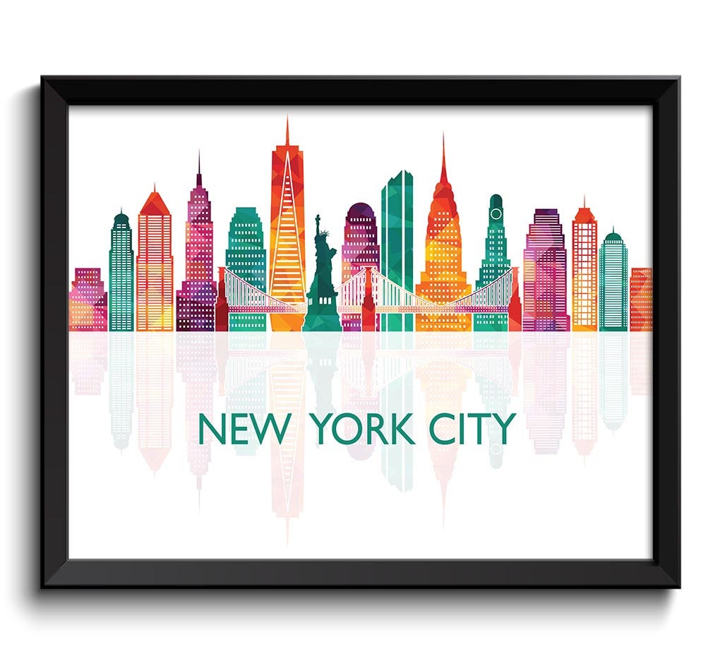 New York City Colorful Skyline Green Teal Pink Purple Peach Cityscape Poster Print United States USA