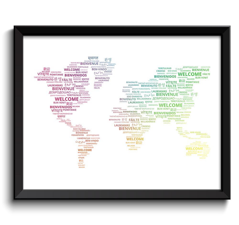 World Welcome in Different Languages Rainbow Red Orange Green Word Cloud Typography Print Text Print