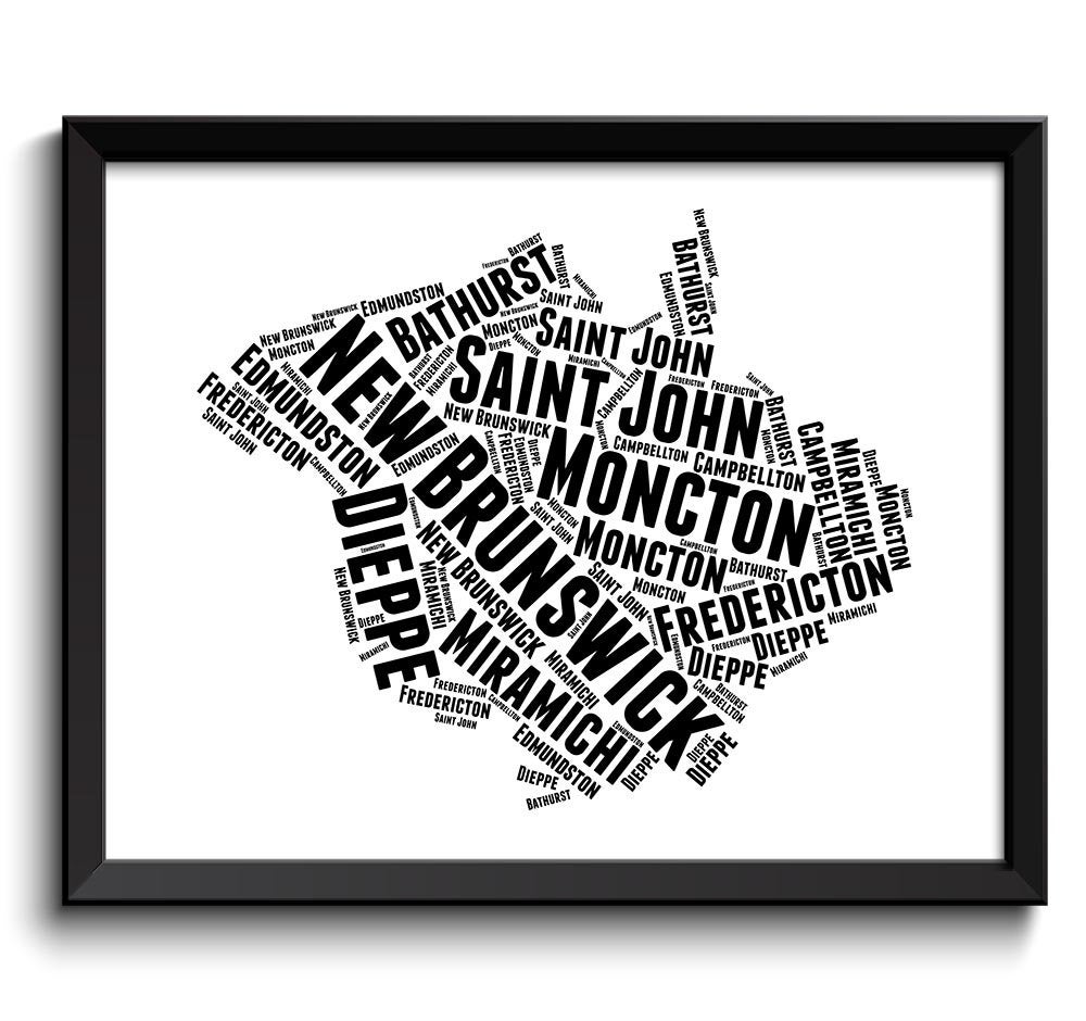 New Brunswick Map Province Canada Text Word Watercolor Poster Print Black White Modern Landscape Art