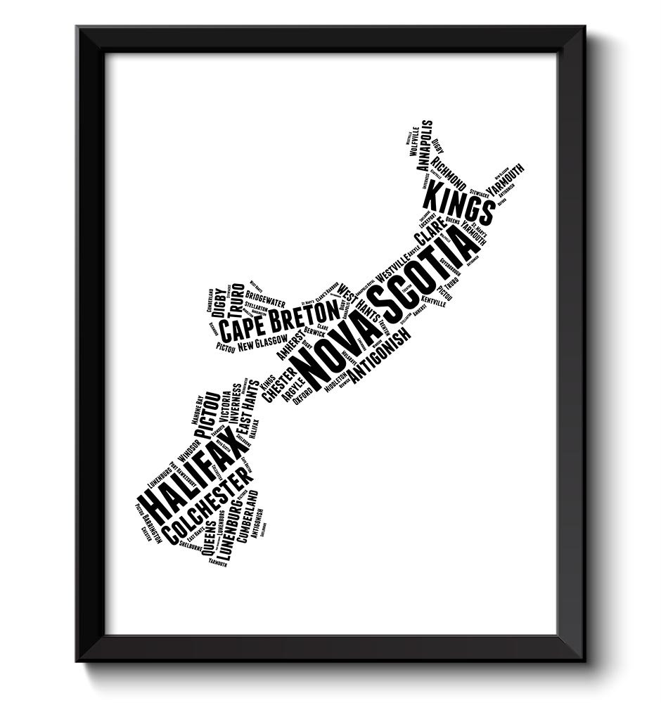 Nova Scotia Map Province Canada Text Word Watercolor Poster Print Black White Abstract Landscape Art