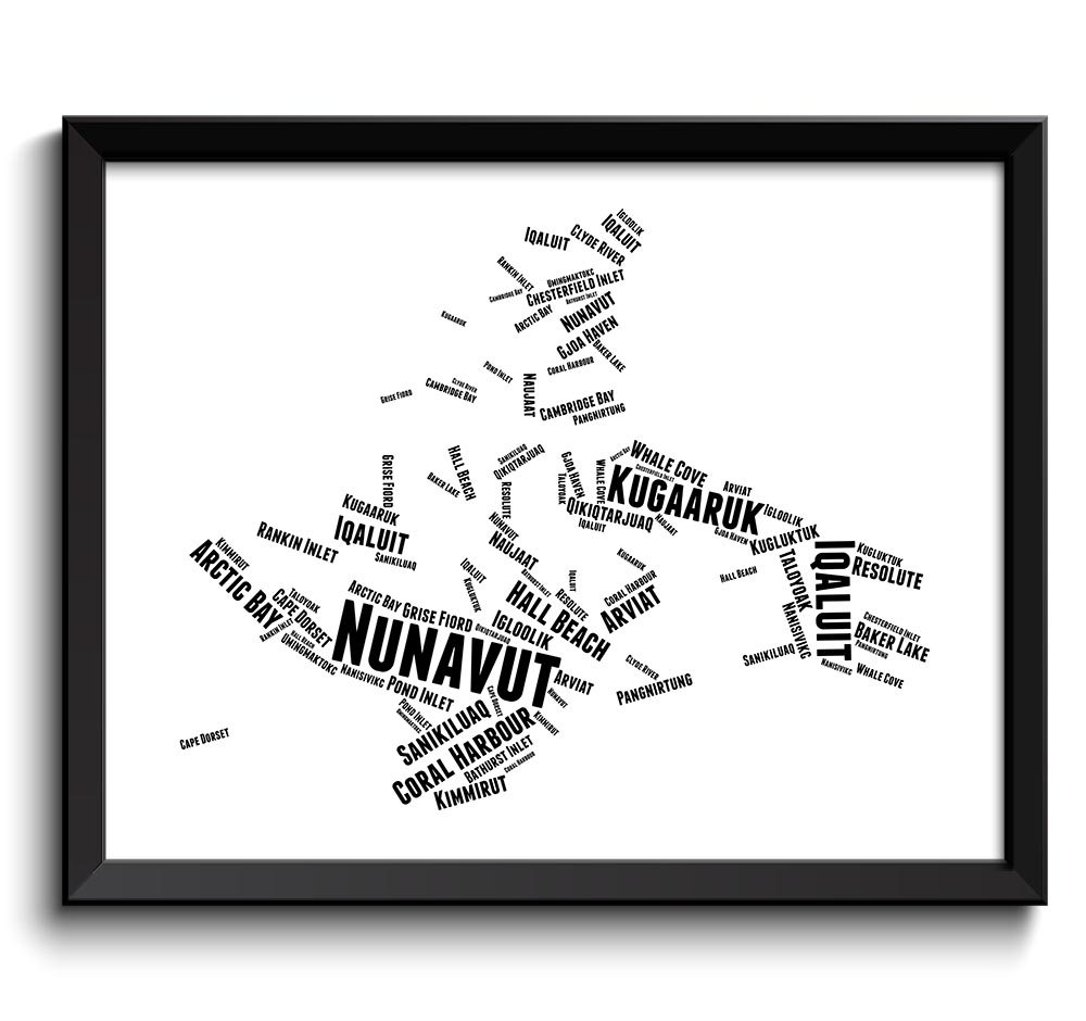 Nunavut Map Province Canada Text Word Watercolor Poster Print Black White Modern Abstract Landscape 