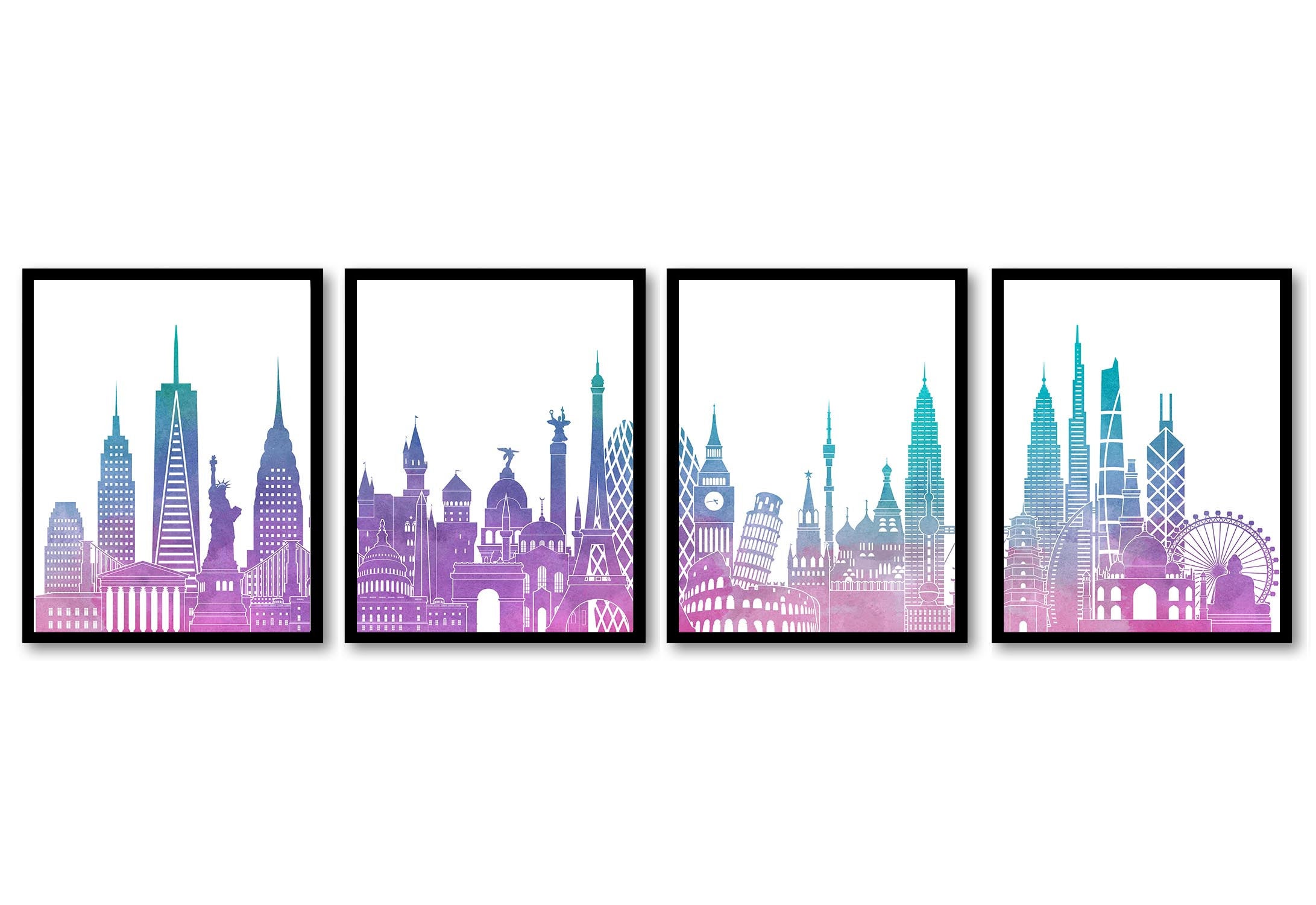 World Skyline Set of 4 City Cityscape Pink Purple Turquoise Blue Famous Landmarks Poster Print Lands