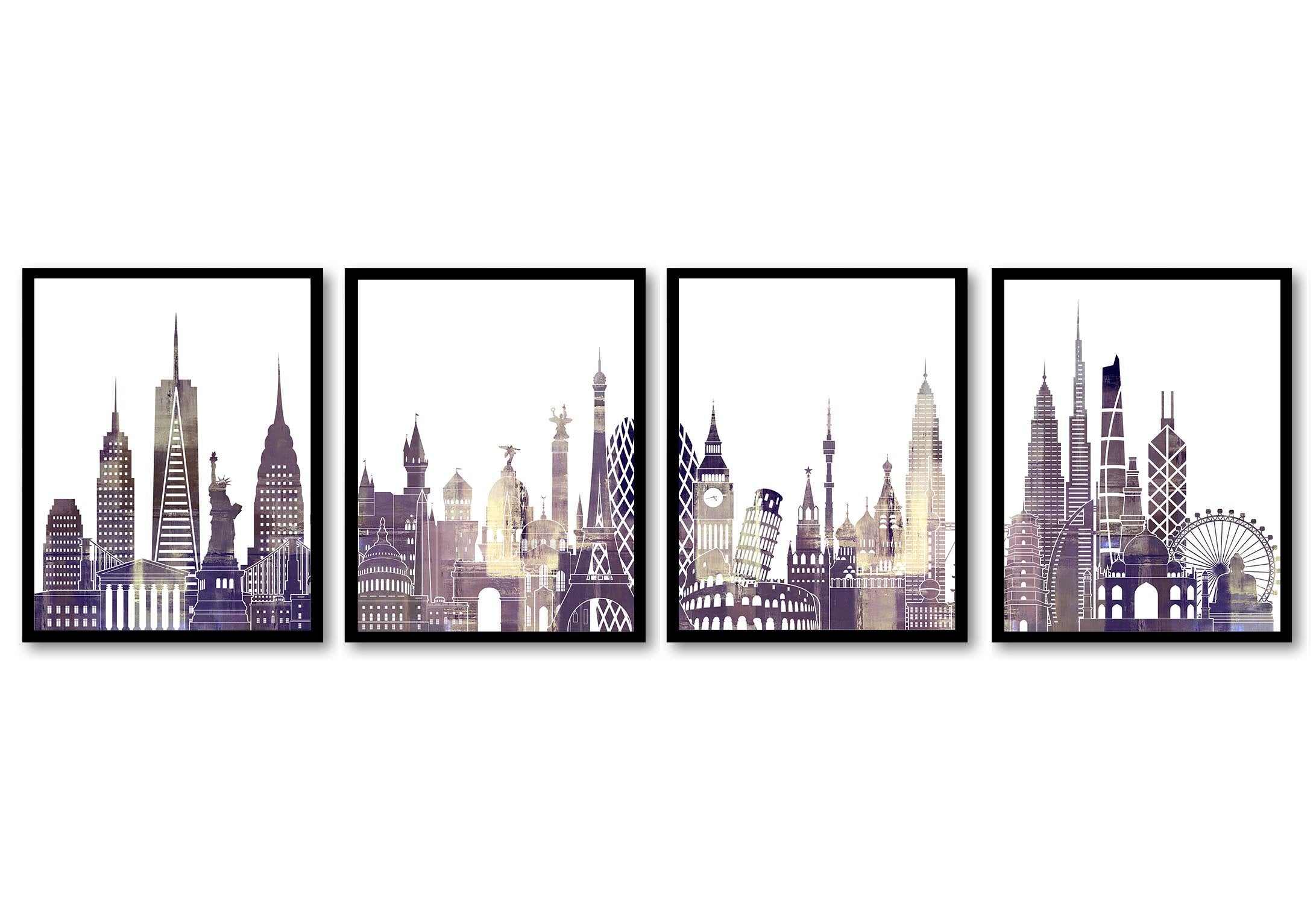 World Skyline Set of 4 City Cityscape Purple Lilac Beige Cream Famous Landmarks Poster Print Landsca