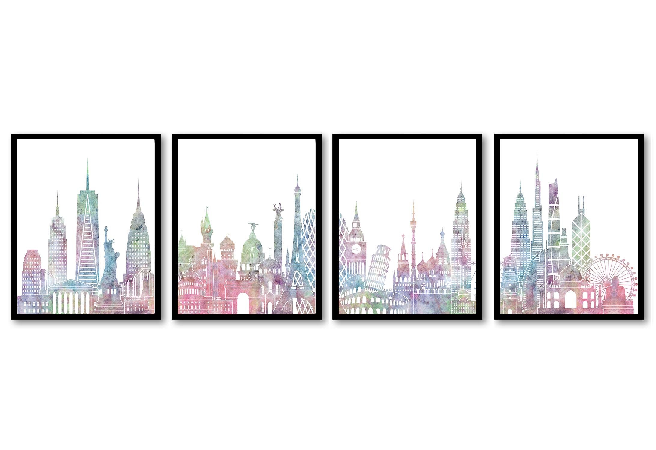 World Skyline Set of 4 City Cityscape Pastel Pink Purple Blue Green Famous Landmarks Poster Print La