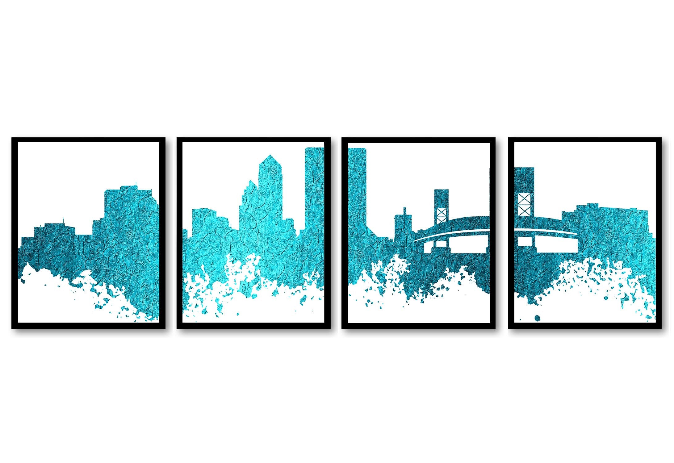 Jacksonville Skyline City Turquoise Blue Set of 4 Cityscape Florida Famous Landmarks Poster Print La