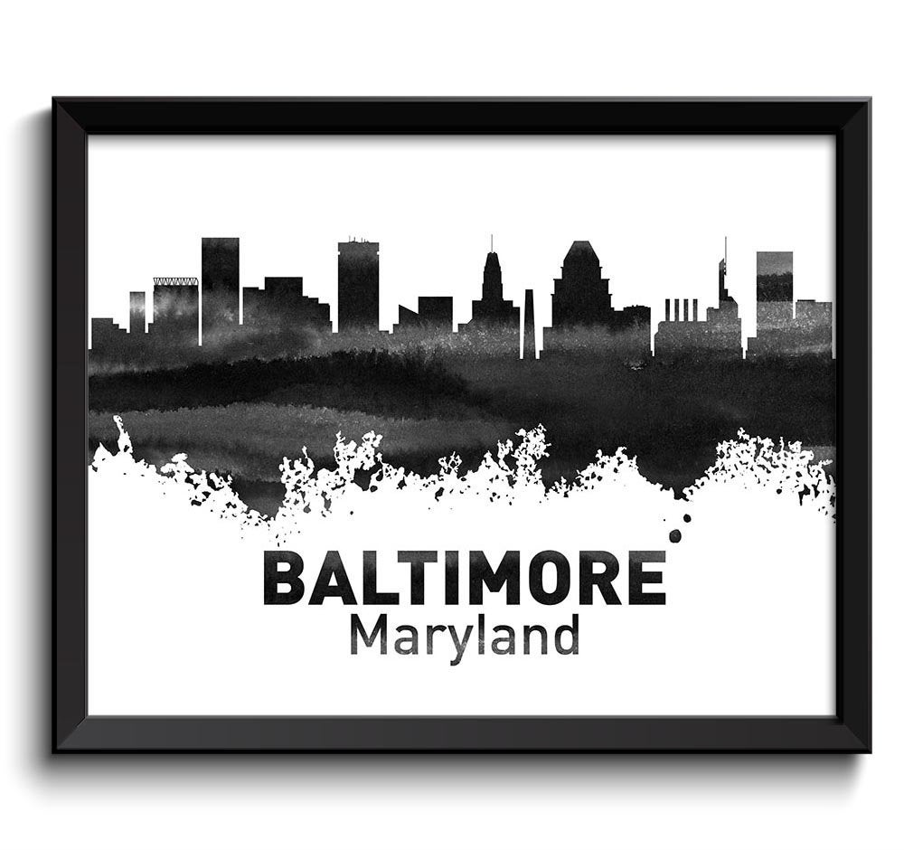 Baltimore Skyline Maryland City Black White Grey Gray Watercolor Cityscape Poster Print Modern Lands