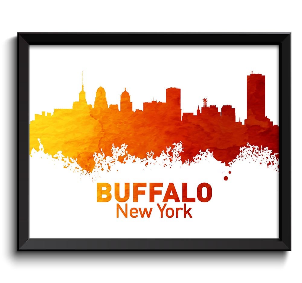 Buffalo Skyline Buffalo New York Wall Art Print Buffalo Poster Red Orange Yellow Watercolor Painting