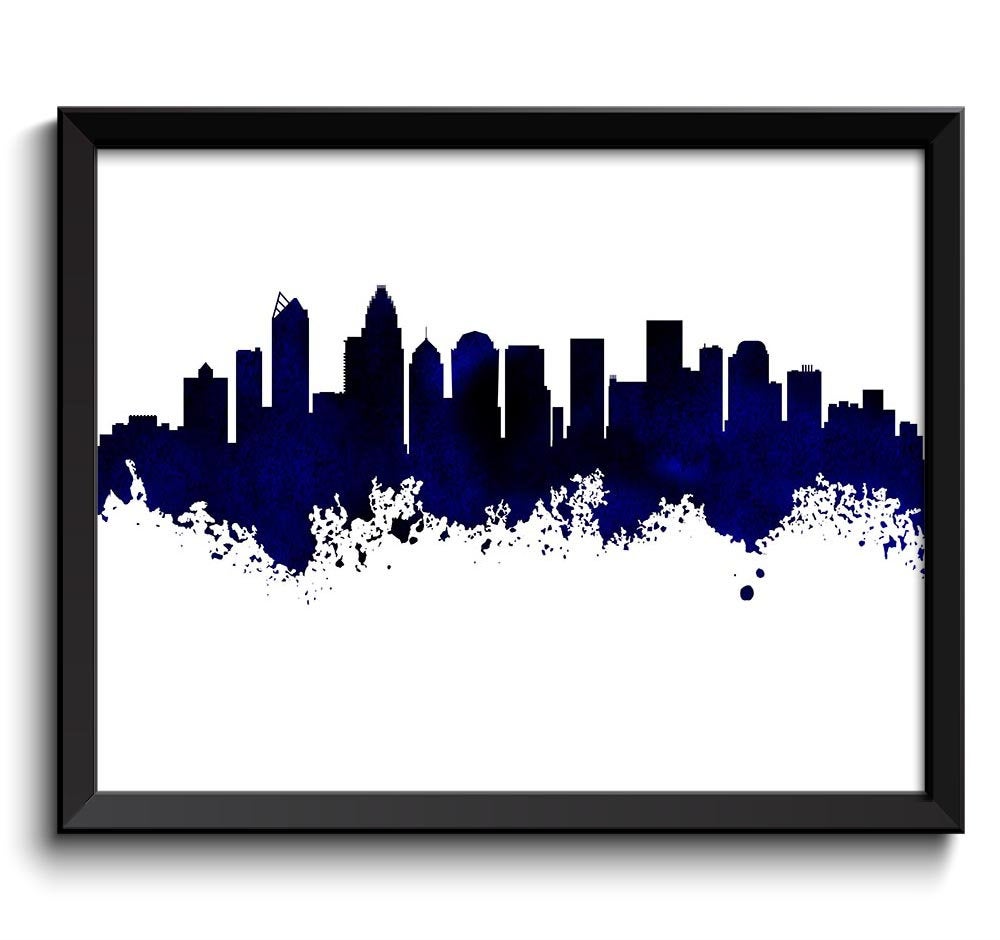 Charlotte Navy Blue Black Skyline North Carolina City Colorful Watercolor Cityscape Poster Print Lan