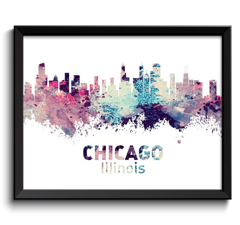 Chicago Skyline Illinois Pink Purple Turquoise Blue Beige Cream Watercolor Cityscape Poster Print La