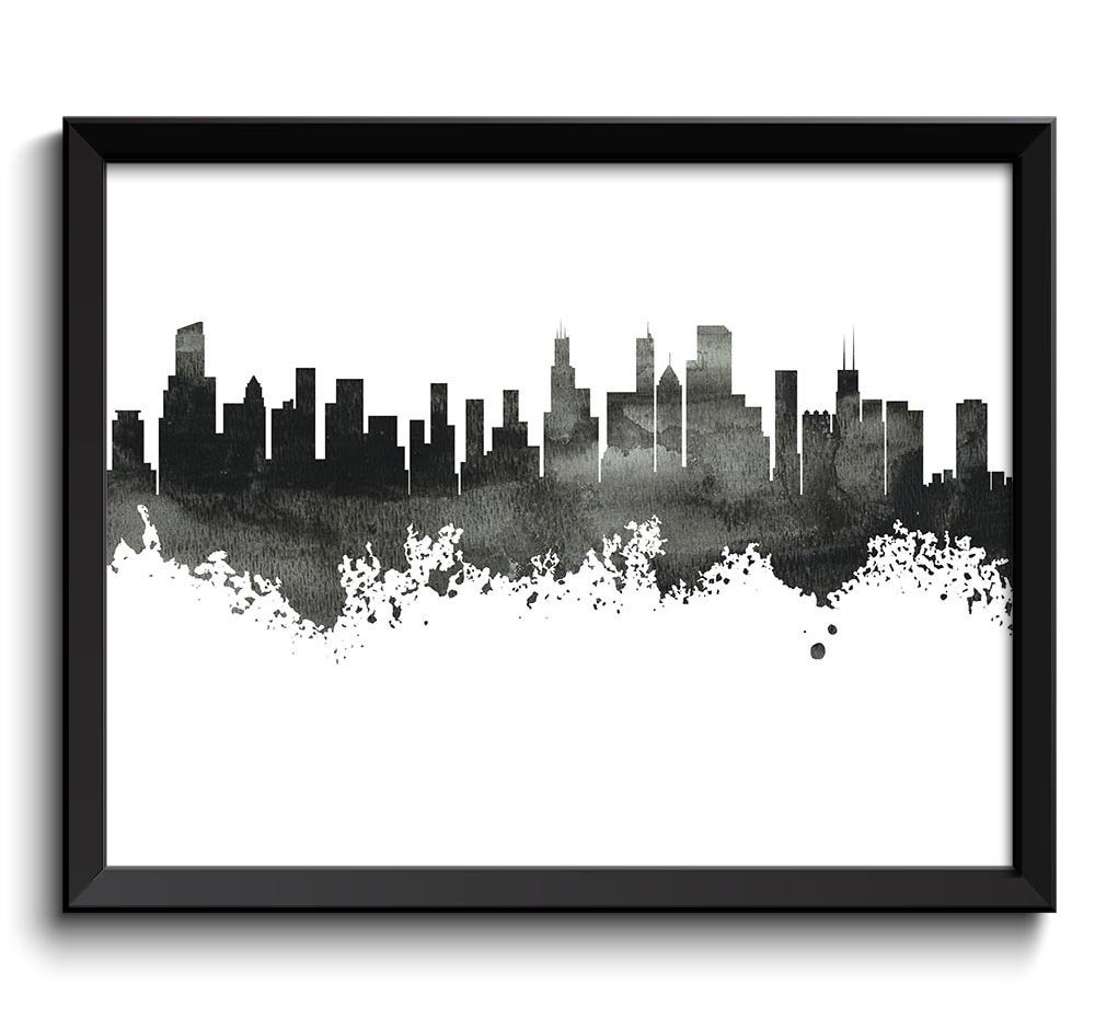 Chicago Skyline Illinois City Grey Black White Watercolor Cityscape Poster Print Modern Abstract Lan