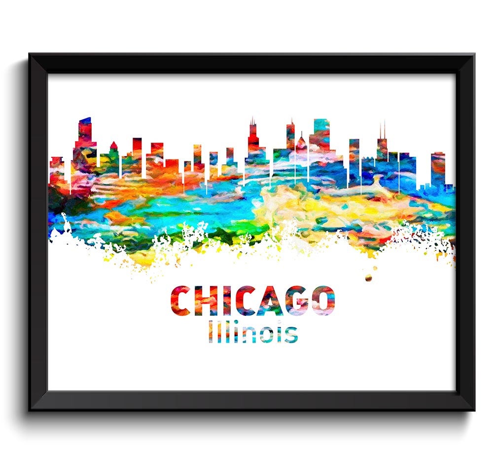 Chicago Skyline Illinois City Red Orange Yellow Blue Rainbow Watercolor Cityscape Poster Print Lands