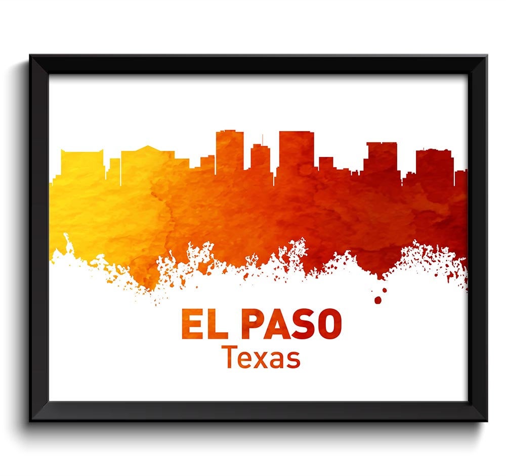 El Paso Skyline Texas City Red Orange Yellow White Watercolor Cityscape Poster Print Landscape Art P