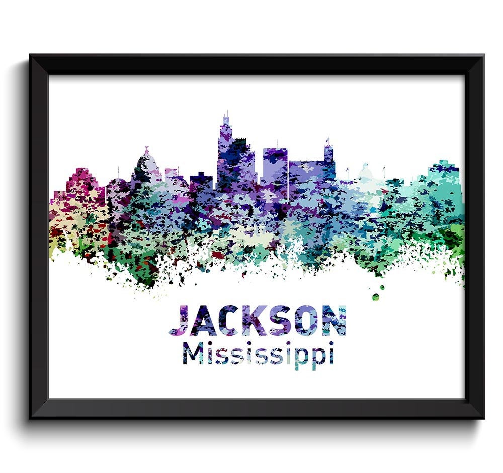 Jackson Skyline Mississippi City Colorful Purple Green Black Blue Watercolor Cityscape Poster Print 