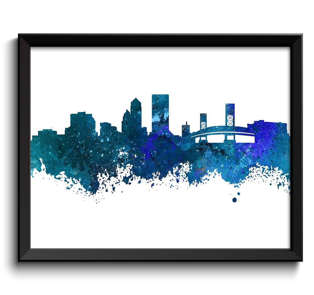 Jacksonville Skyline Teal Navy Blue Watercolor Painting Jacksonville Florida Cityscape Jacksonville 